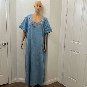 Only Necessities Womans Dress 3X 💯% Cotton Floral Embroidered Pockets Maxi